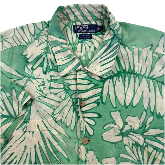 Vintage Polo Ralph Lauren Men XXL Green Linen Hawaiian Leaf Button Up Camp Shirt
